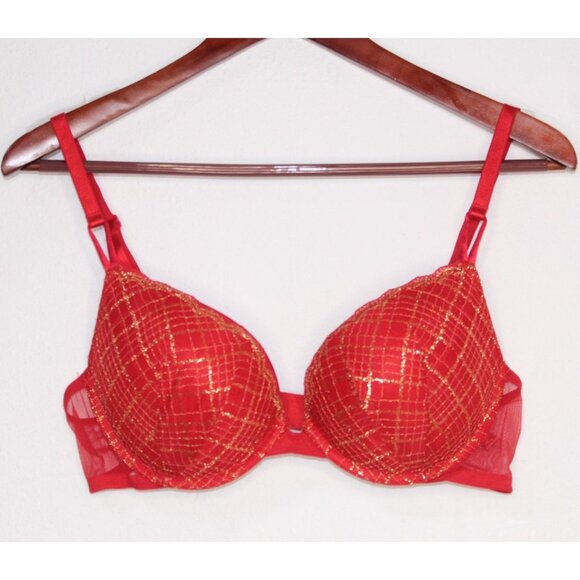 Victoria's Secret Push Up Bra 38B Red Gold Lace Padded Underwire Relaxed Fit - Picture 1 of 15